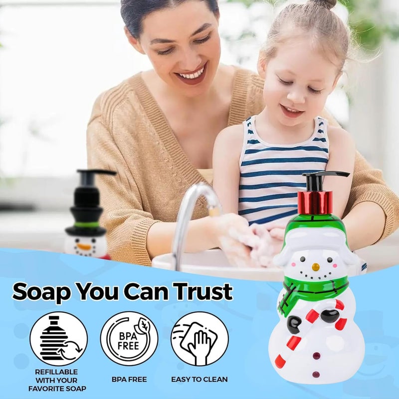 simple pleasures Snow Frosting Hand Soap Dispenser – 16.9 fl oz Refillable Holiday Soap, Ceramic Snowman Design with Candy Cane & Green Scarf – Festive Winter Bathroom & Kitchen Décor Gift - Image 3